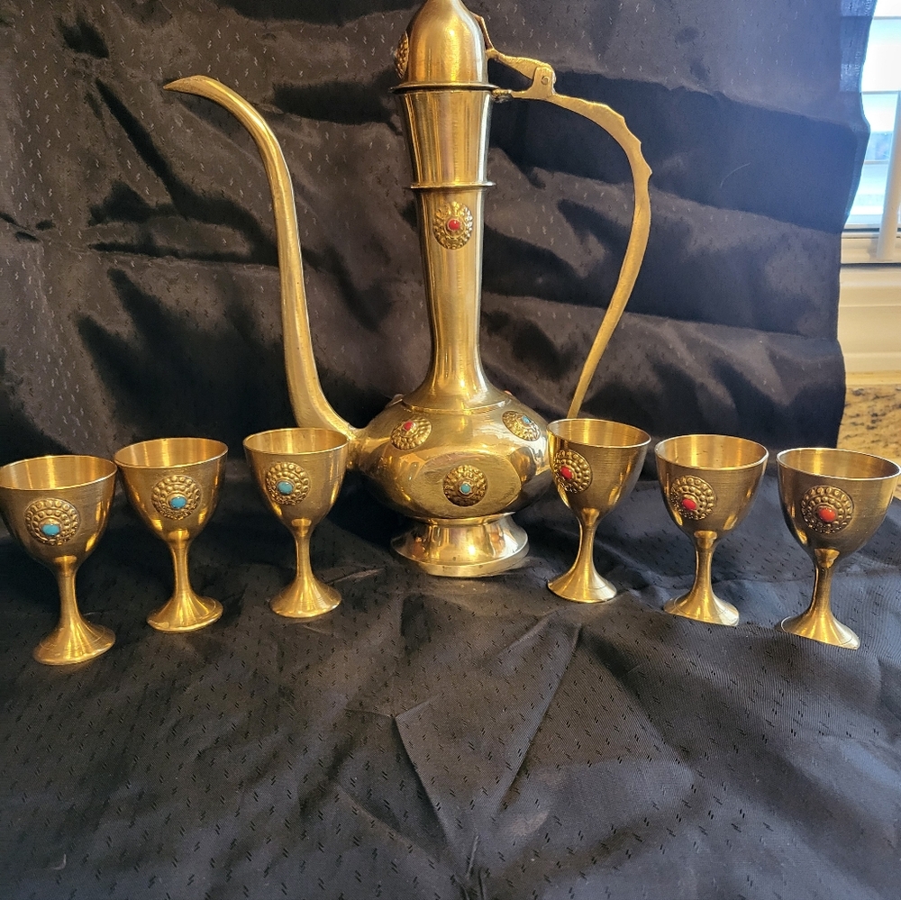 ANTIQUE Elegant Brass Tea Set with Colorful Bead Accents